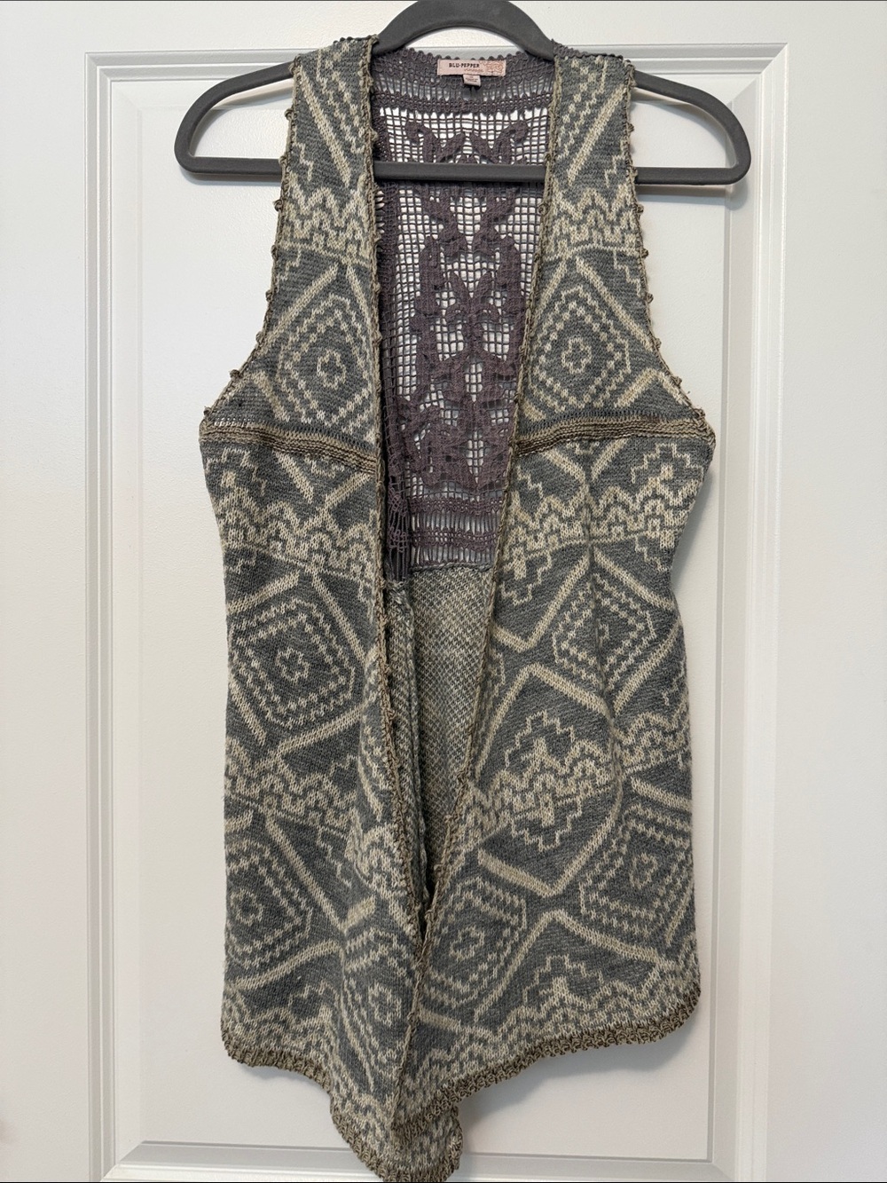 Blu Pepper Gray and Cream Patterned Open Knit Vest